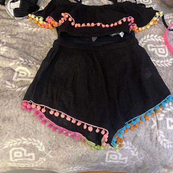 Plunge higg waisted black swim/bathing suit & neon pom pom fringe boho coverup - Picture 9 of 11